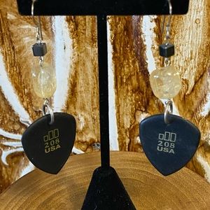 Citrine, pyrite & guitar pic earrings.